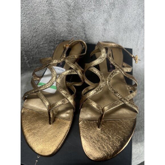 Steven Steve Madden Women’s 7 Box Gold Leather Thong Strappy Slingback Sandals - Picture 2 of 7